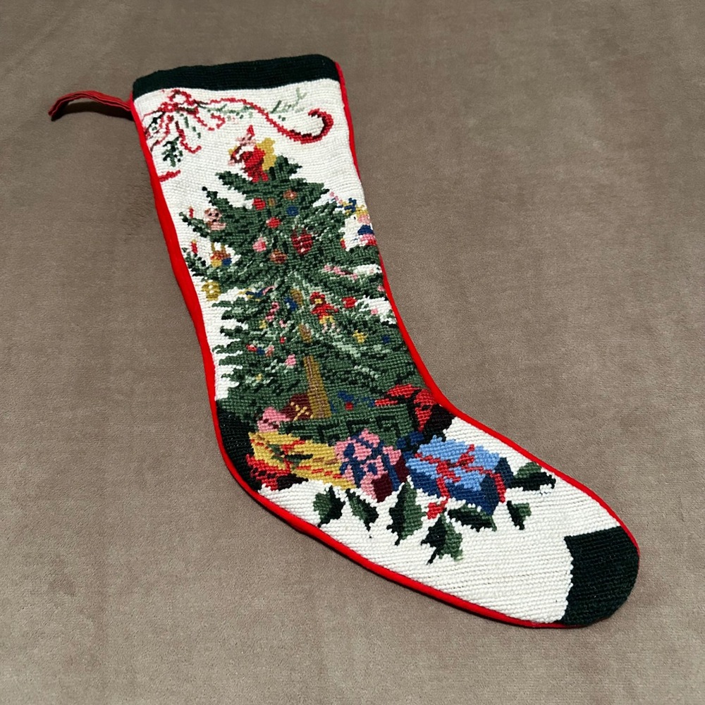 Vintage Wool Needlepoint Christmas Stocking Christmas Tree Gifts Ribbon Santa